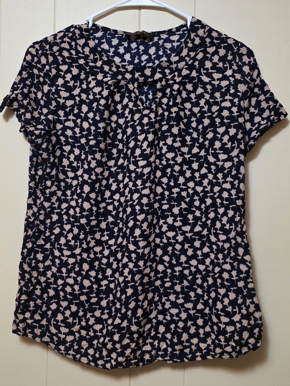 Navy Floral Short-Sleeve Blouse with Cream Print